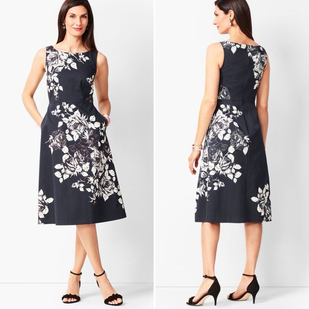RSVP by Talbots Womens 4 Black White Floral Fit Flare Sleeveless Pockets Dress